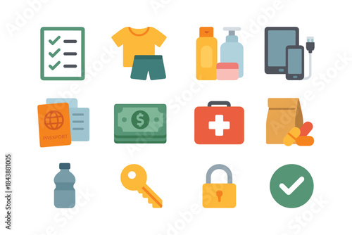 Essential travel icons set: flat design for packing, healthcare, technology, and security