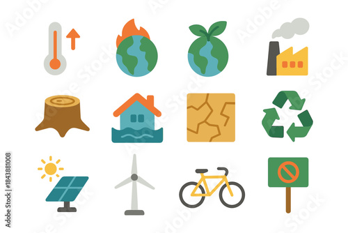Sustainable environment icons: climate change, renewable energy, recycling, and ecology