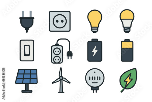 Essential energy icons set featuring flat style elements for power and renewable resources