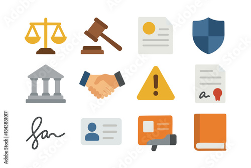 Legal and business icons collection featuring gavel, scales, and contracts in modern flat design