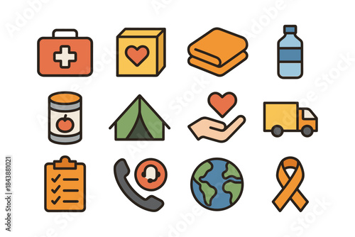 Essential humanitarian aid icons featuring health, food, and support symbols in modern colorful style