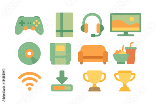 Colorful icons of gaming and media: retro tech and modern entertainment