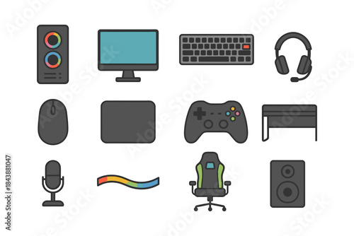 Essential gaming accessories in modern flat design for ultimate setup