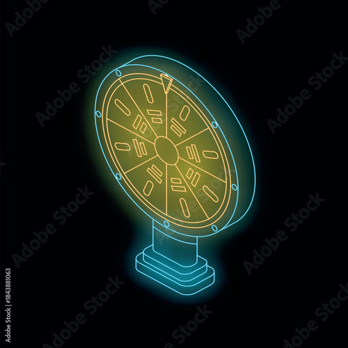 Glowing neon fortune wheel spinning on black background, representing gambling, chance, and risk
