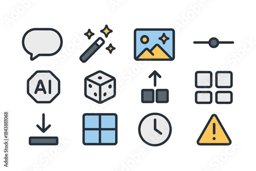 Modern minimalist icons with ai, magic wand, mountains, and warning signs
