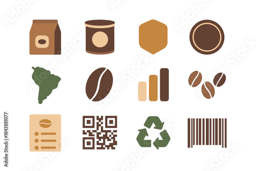 Coffee icons: minimalist design featuring beans, packaging, and symbols for café branding