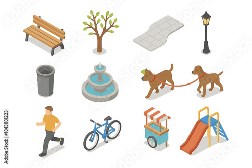 Isometric urban park elements including jogger, fountain, and play area