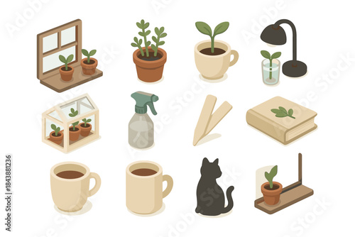 Cozy indoor gardening icons: isometric houseplants and coffee moments