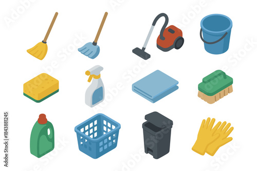 Isometric cleaning tools collection with broom, mop, vacuum, and more household items