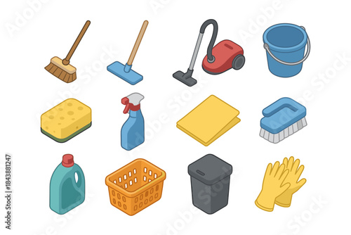 Isometric cleaning tools set: vacuum, broom, mop, sponge, and more