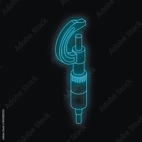 Neon glowing outside micrometer measuring tool on black background