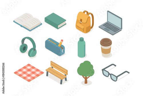 Isometric school and office supplies: books, laptop, backpack, and more essentials