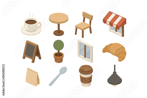 Cozy cafe elements in isometric style: coffee, pastry, furniture, accessories