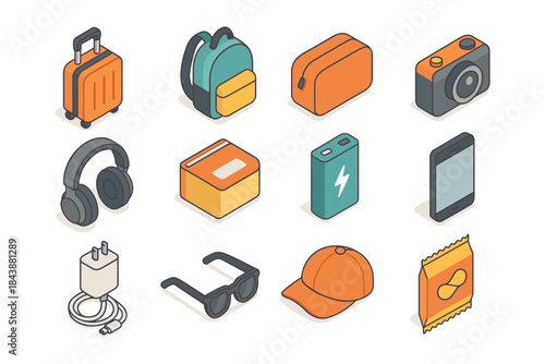 Trendy isometric travel and technology icons for packing and gadgets