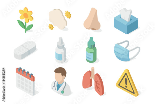 Isometric allergy and cold elements: health and wellness symbols in flat design