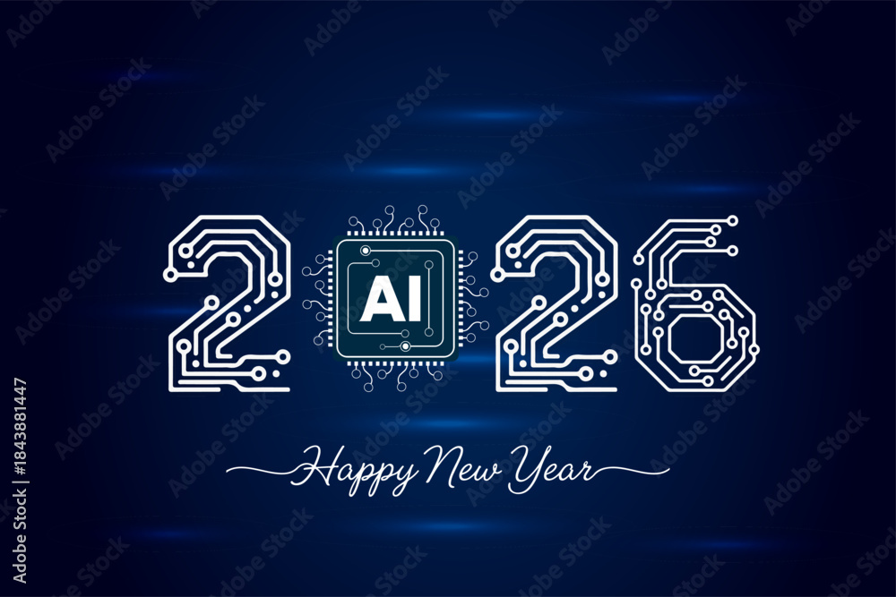 Fototapeta premium Futuristic Happy New Year 2026 banner with circuit board numbers and a central AI processor chip. Symbolizes future technology, digital innovation, and machine learning.