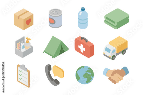 Essential aid supplies in isometric style: camping, first aid, and logistics icons