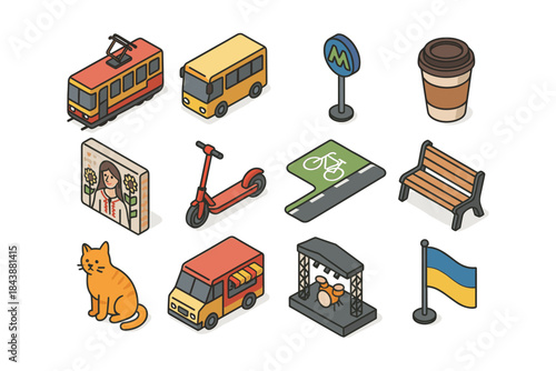 Isometric city elements: urban transportation, coffee, and public spaces