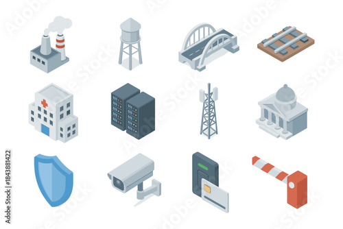 Essential isometric city elements: infrastructure, security, and architecture
