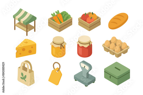 Isometric farmers market icons: fresh produce, homemade goods, and market essentials