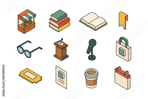 Isometric icons set: education, reading, presentation, and shopping elements