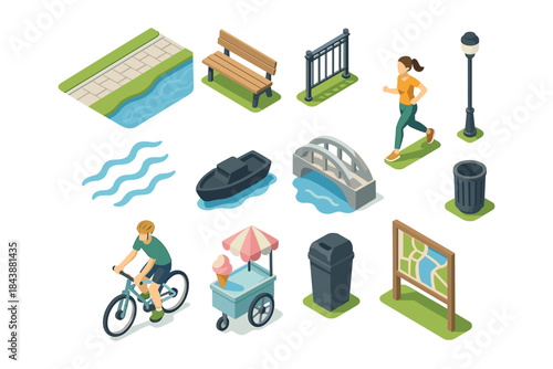 Isometric park scene with joggers and cyclists near water and greenery