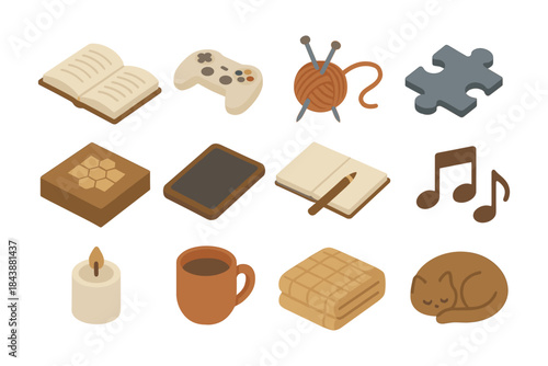 Cozy hobbies and relaxation icons set in warm tones