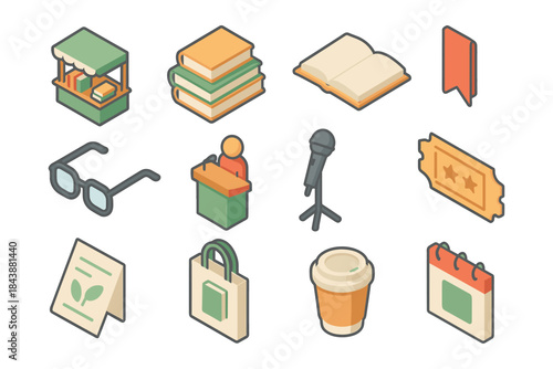 Isometric icons: books, coffee, glasses, and public speaking elements