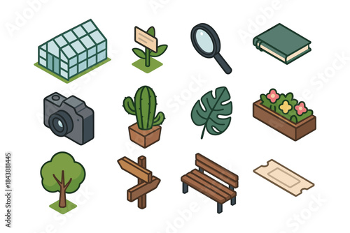 Garden elements: isometric icons of nature and exploration essentials