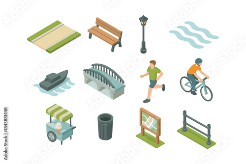 Isometric urban park elements: bridge, cyclist, jogger, and lamp post