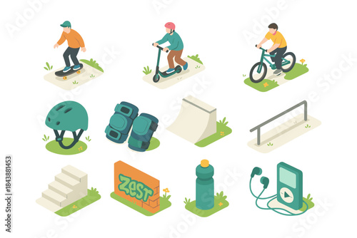 Isometric recreational sports activity icons: skateboarding, scootering, biking, and more