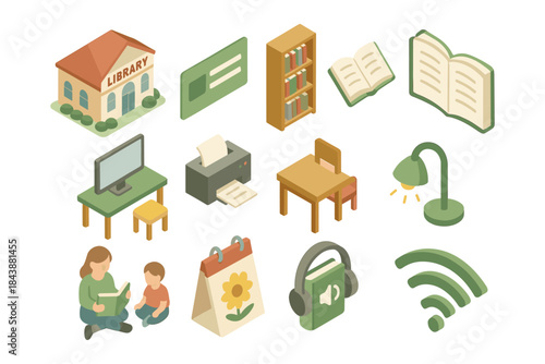 Isometric library set: books, furniture, devices, and reading activities