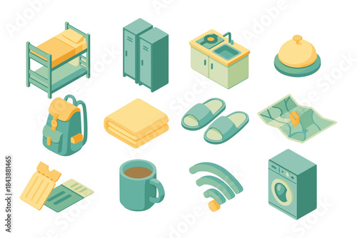 Isometric hostel amenities icon set: backpack, bunk bed, wifi, laundry, map, kitchen, ticket, cup, slippers, bell