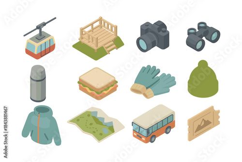 Isometric hiking and outdoor adventure icons for travel and recreation