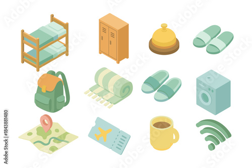 Isometric hostel essentials: travel icons including bed, locker, and backpack