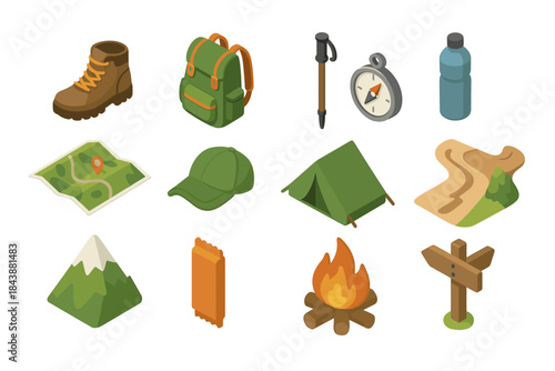 Isometric camping icons: essential gear and navigation elements for outdoor adventures
