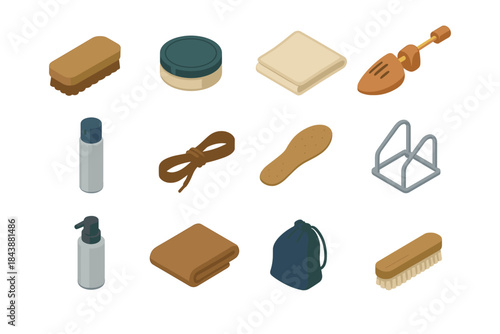 Set of isometric shoe care and cleaning accessories on white background