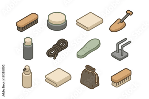 Isometric bath essentials: brushes, bottles, soap, and more for a modern bathroom design