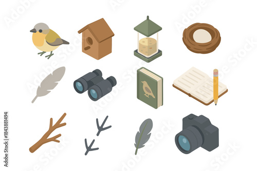 Bird watching essentials isometric icons set: binoculars, feathers, camera, and more