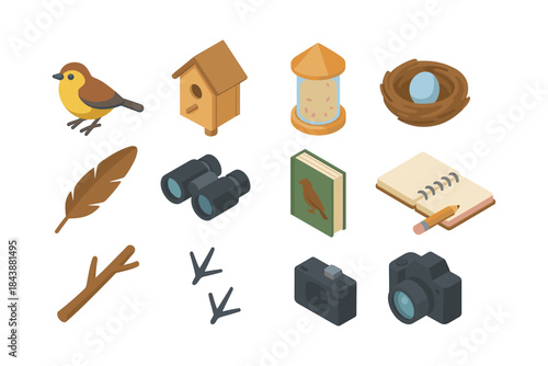 Birdwatching essentials set: isometric icons of birds, nest, birdhouse, and more