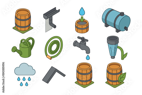 Isometric water conservation icons: rain barrels, taps, and gardening tools