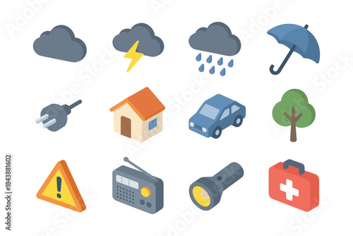 Isometric emergency and weather icons set: cloud, umbrella, car, and more