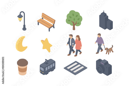 Isometric city elements: people, buildings, and street objects