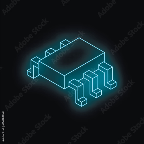 Microchip with glowing blue neon light representing technological advancement in electronic components and computer processing
