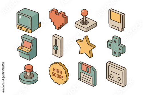 Retro gaming icons: isometric pixel art for vintage arcade enthusiasts