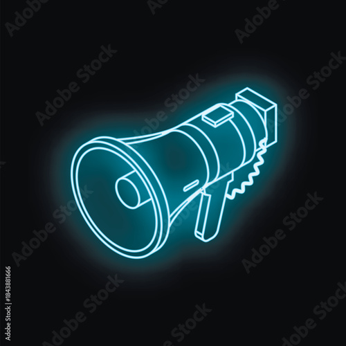 Glowing neon megaphone on dark background representing communication, announcement, and marketing