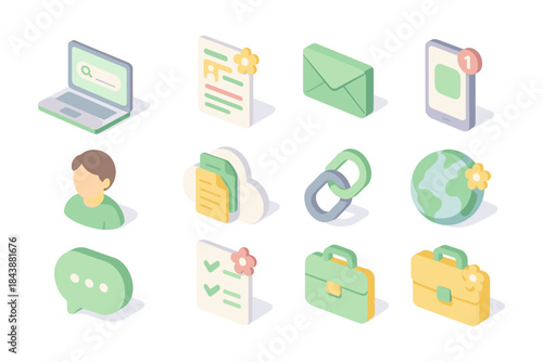 Pastel isometric icons: technology, communication, and business essentials