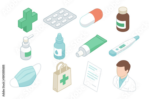 Isometric healthcare essentials: medicine, doctor, mask, and more