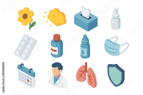 Healthcare and allergy essentials: isometric icons for wellness and safety