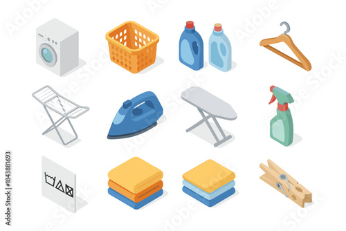 Isometric laundry essentials: washing machine, basket, detergents, ironing board, and more